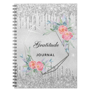 Cuaderno Diario de gratitud plata purpurina floral rosa de 