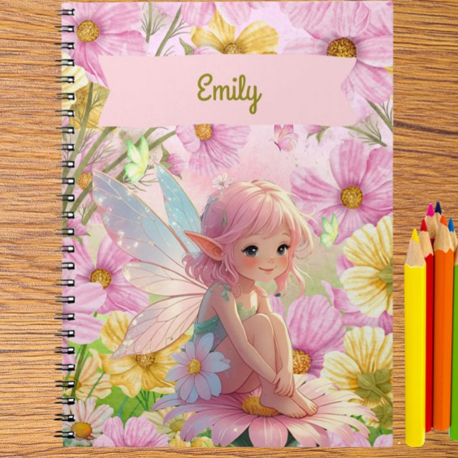 Cuaderno Diario de historias personalizado para escribir y  (Personalized Pretty Pink Fairy and Flowers Journal – Custom Name Notebook for Girls)