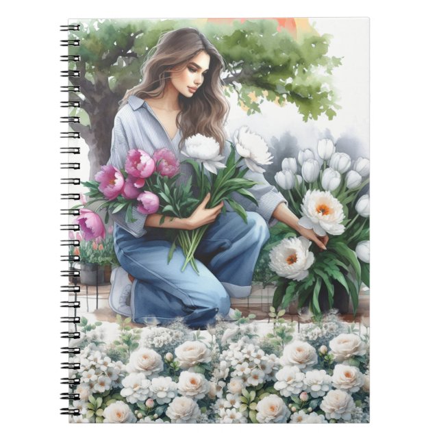Cuaderno Diario de mujer en jardín de flores (Frente)