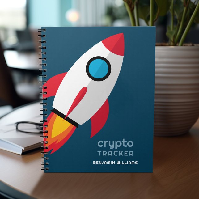 Cuaderno Diario de Rastreador de Cripto con cohete a la lun (Personalized notebook with custom text - add your name and other options)