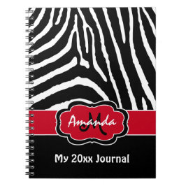 Cuaderno Diario de rayas de zebra blanca rojas personalizad