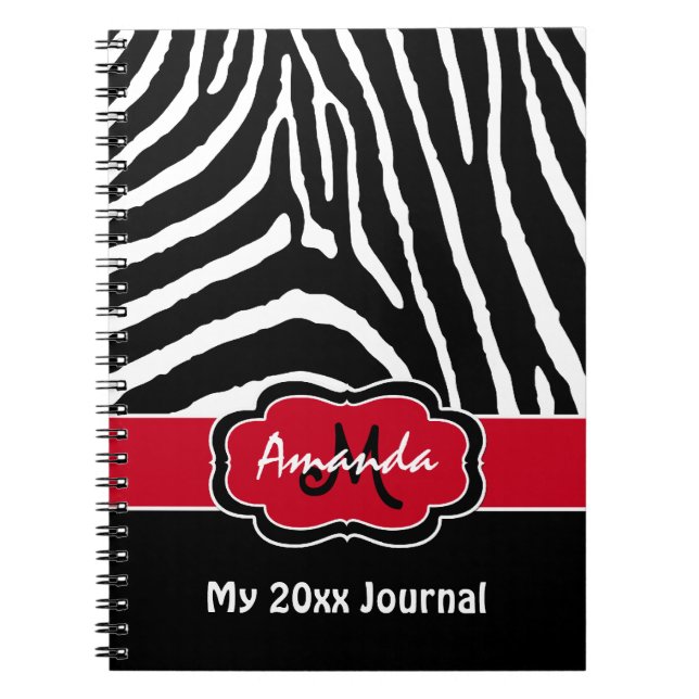 Cuaderno Diario de rayas de zebra blanca rojas personalizad (Frente)