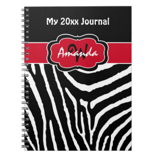 Cuaderno Diario de rayas de zebra blanca rojas personalizad