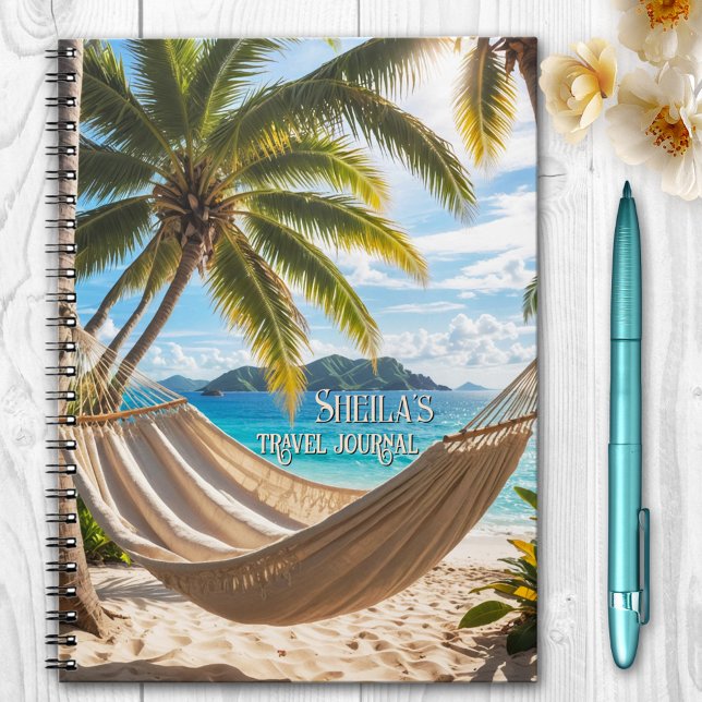 Cuaderno Diario de Viajes de Palm Tree de Playa Tropical (Notebook featuring a tropical beach with palm trees and hammock. Great for travel notes.)