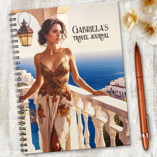 Cuaderno Diario de Viajes de Verano Exóticos (Notebook featuring an elegant lady on a balcony overlooking the ocean. Great for travel notes.)