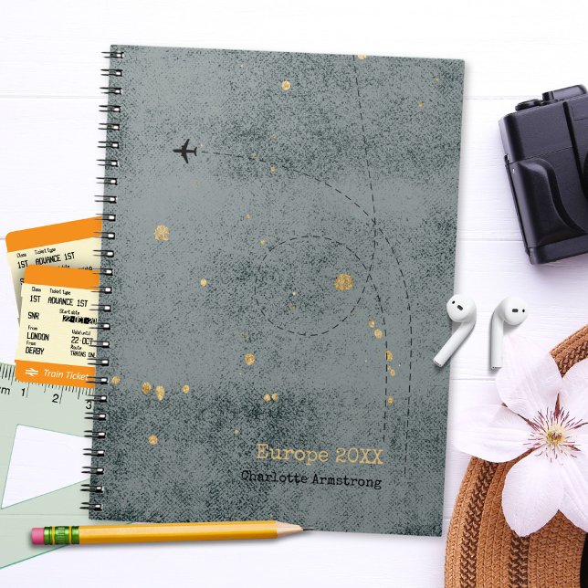 Cuaderno Diario de viajes Rustic Airplane Dark Gray Gold (Rustic Airplane Dark Gray Gold Travel Journal ©Susanne Sachers - Sunny Wanderlust 🌞✈️)
