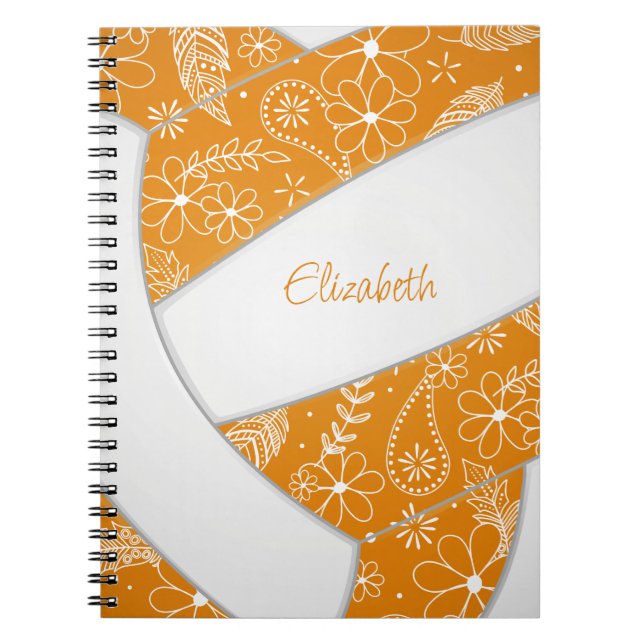 Cuaderno diario de voleibol blanco de plumas naranja doodle (Frente)