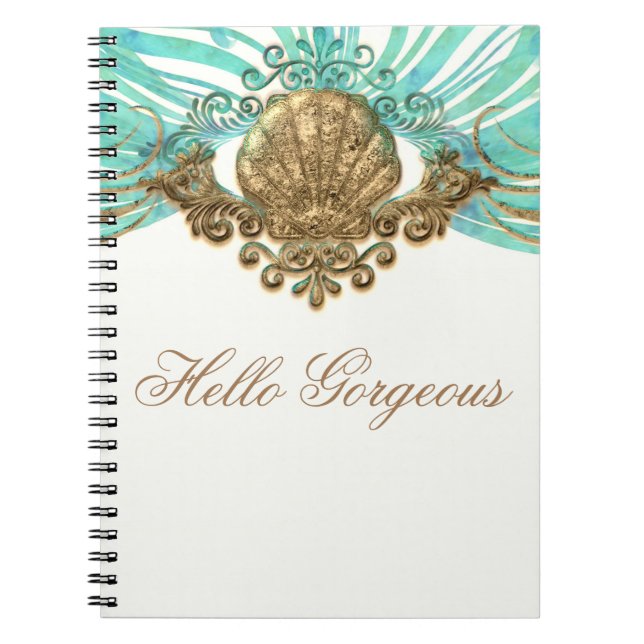Cuaderno Diario elegante de la Shell Glam Beach de oro y ma (Frente)