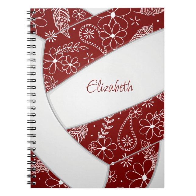 Cuaderno diario floral de maroon de voleibol blanco (Frente)