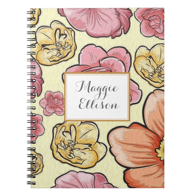 Cuaderno Diario floral Naranja amarillo rosado personalizad (Frente)