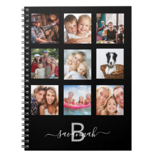 Cuaderno Diario moderno negro con monograma de collage de f