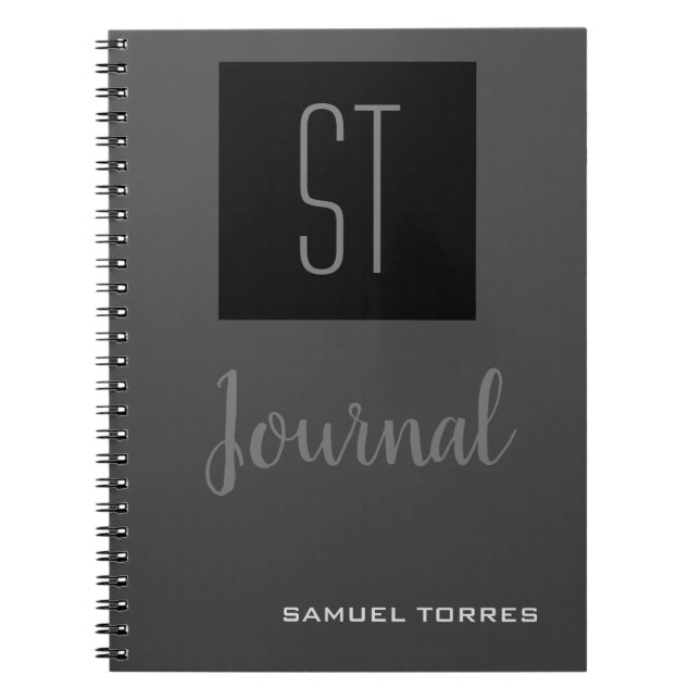 Cuaderno Diario Monogramado Personalizado Gris Negro Modern (Frente)