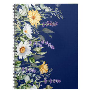 Cuaderno Diario para portátiles Cute Navy Blue Boho Wildflo