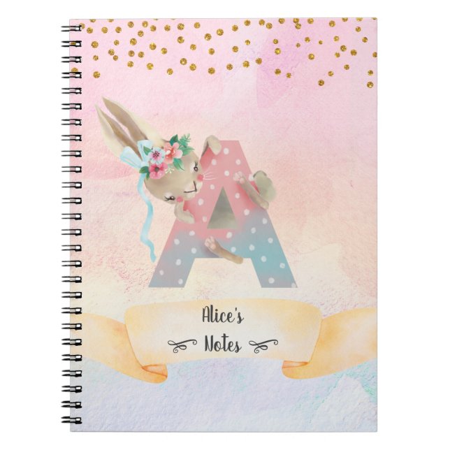 Cuaderno Diario personal de niña conejita con la letra A mo (Frente)