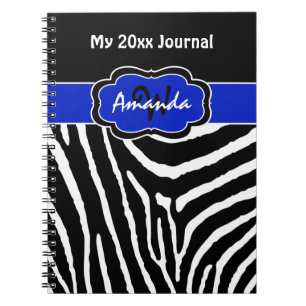 Cuaderno Diario Personalizado de Rayas de Cebra Azul Negro