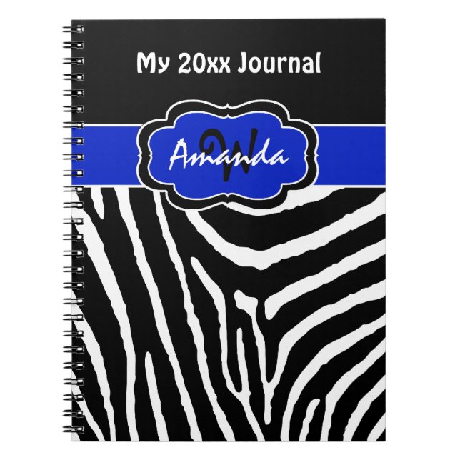 Cuaderno Diario Personalizado de Rayas de Cebra Azul Negro  (Frente)