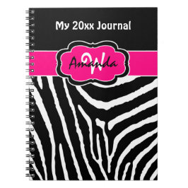Cuaderno Diario personalizado de rayas de cebra blanca rosa