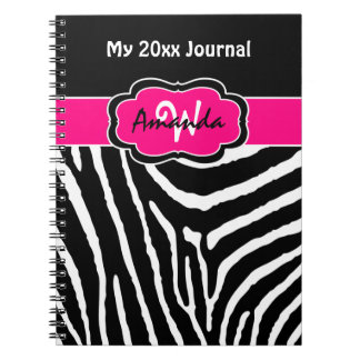 Cuaderno Diario personalizado de rayas de cebra blanca rosa