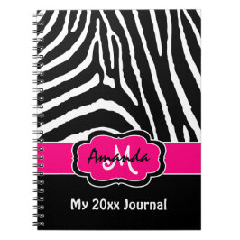 Cuaderno Diario personalizado de rayas de cebra blanca rosa