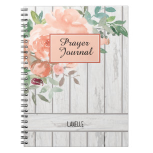 Cuaderno Diario Rústico Rubor Peach Floral Wood Name Prayer