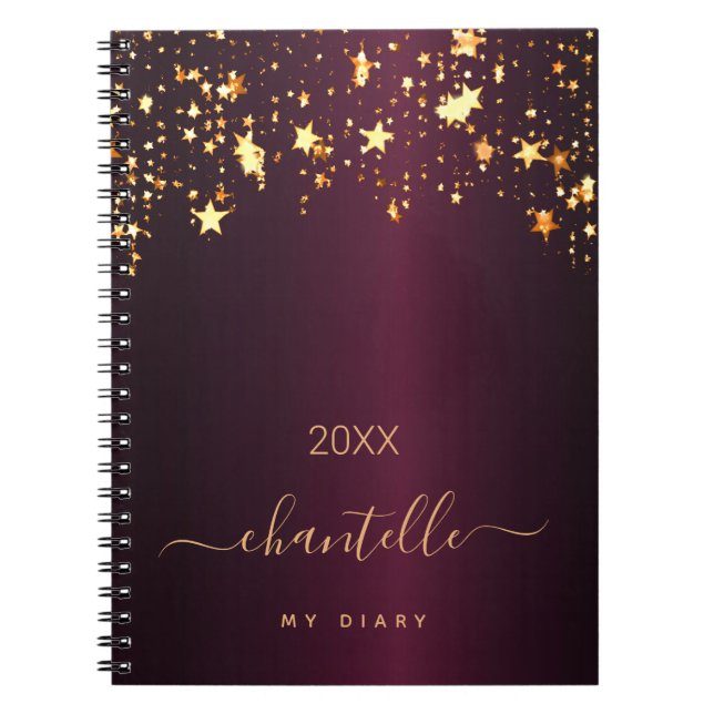 Cuaderno Diary burgundy estrellas de oro monograma nombre m (Frente)