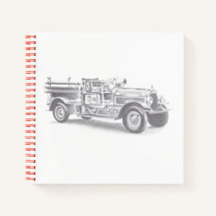 Cuaderno dibujo a lápiz de camión de bomberos antiguo
