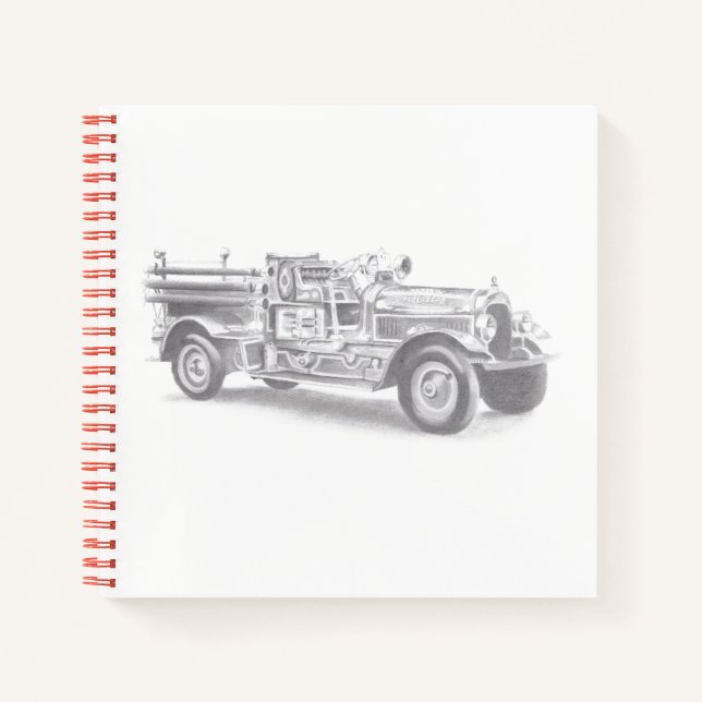 Cuaderno dibujo a lápiz de camión de bomberos antiguo (Anverso)