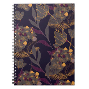 Cuaderno Dibujo abstracto de flores y hojas sobre un dorado
