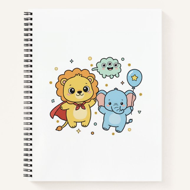 Cuaderno Dibujo animado de amigos león y elefante superhéro (Anverso)