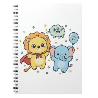 Cuaderno Dibujo animado de amigos león y elefante superhéro