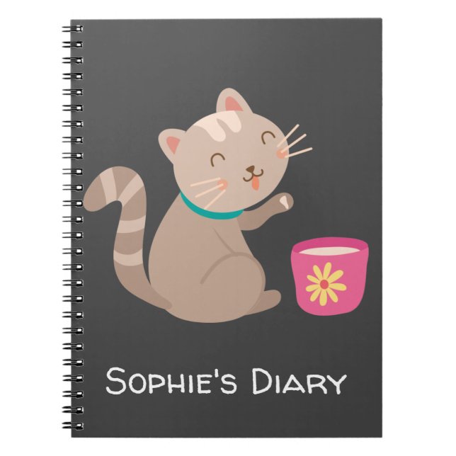 Cuaderno Dibujo animado de gato lindo con taza de té (Frente)