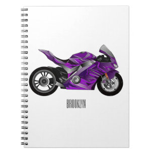 Cuaderno Dibujo animado de motocicleta deportiva púrpura