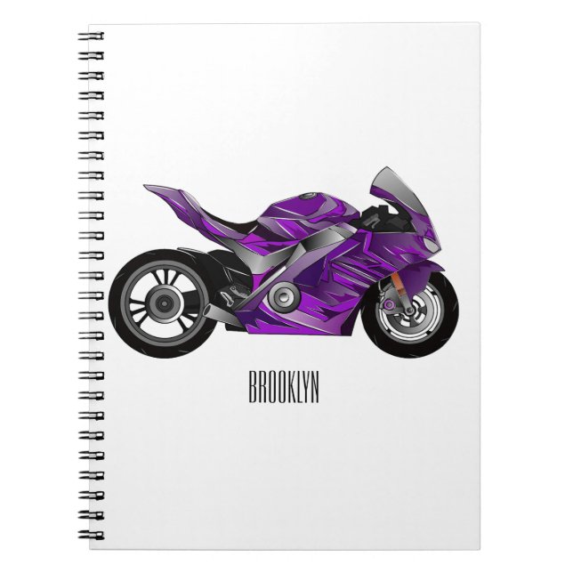 Cuaderno Dibujo animado de motocicleta deportiva púrpura (Frente)