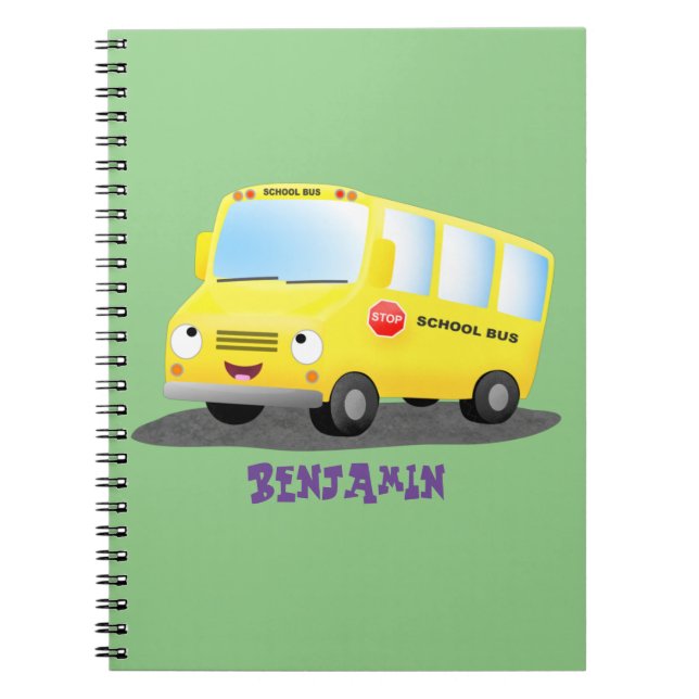 Cuaderno Dibujo animado de un autobús escolar amarillo feli (Frente)