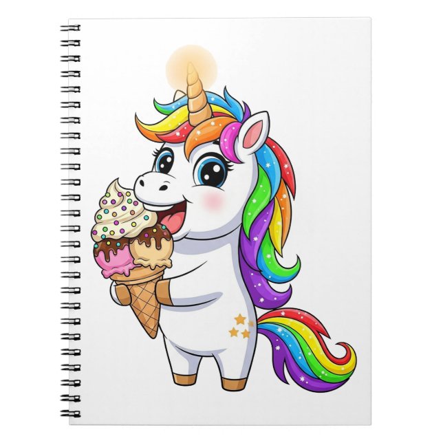 Cuaderno Dibujo animado de unicornio arcoíris lindo comiend (Frente)