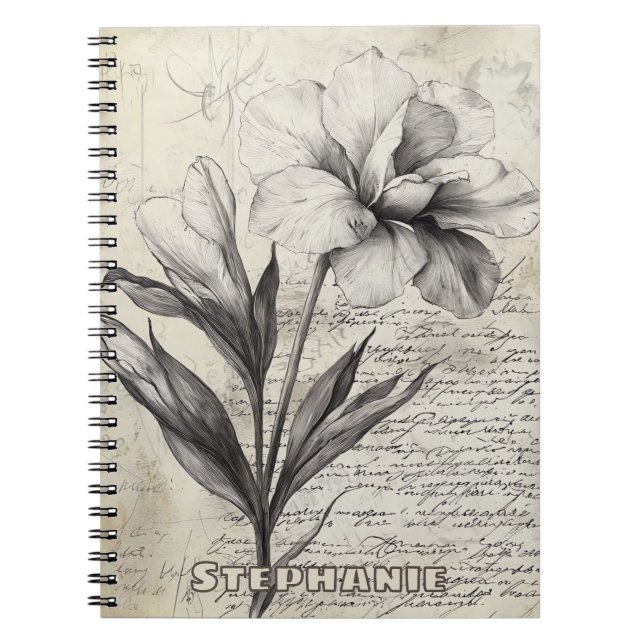Cuaderno Dibujo de Flor Marrón Nostálgico en Papel Antiguo (Frente)