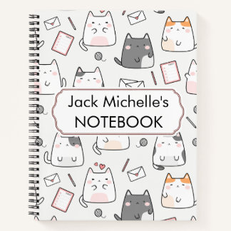 Cuaderno Dibujo de gato Kawaii lindo en blanco, rosa y gris