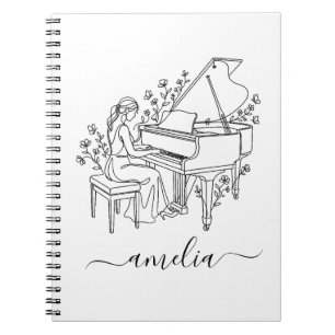 Cuaderno Dibujo de línea de pianista femenina personalizada