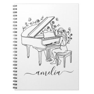 Cuaderno Dibujo de línea de pianista femenina personalizada