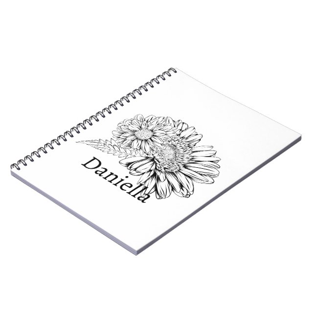 Cuaderno Dibujo de línea negra de crisantemo con su nombre (Lado Izquierdo)
