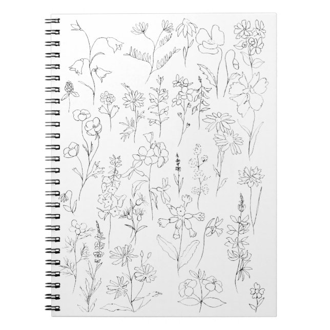 Cuaderno dibujo de líneas de flores silvestres en blanco y  (Frente)