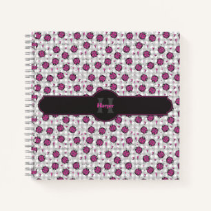 Cuaderno Dibujo de Mariquita Rosa Fuerte sobre Cuadros Gris