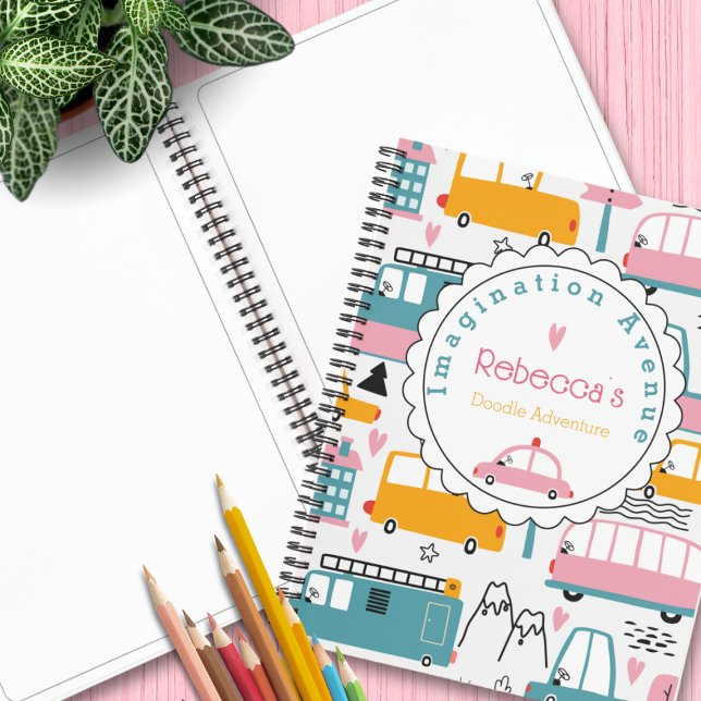Cuaderno Dibujo de nombre de niño rosado y Verde azulado de (Fuel imagination with our personalized car pattern sketchbook in pink, yellow & teal. Order today!)