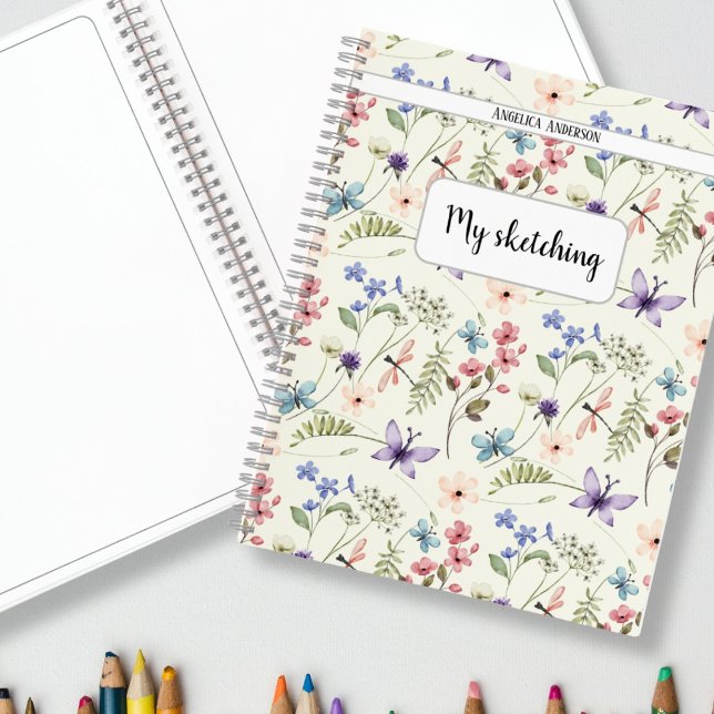 Cuaderno Dibujo de nombres personalizados de patrones de fl (Wildflower pattern custom name sketching Notebook)