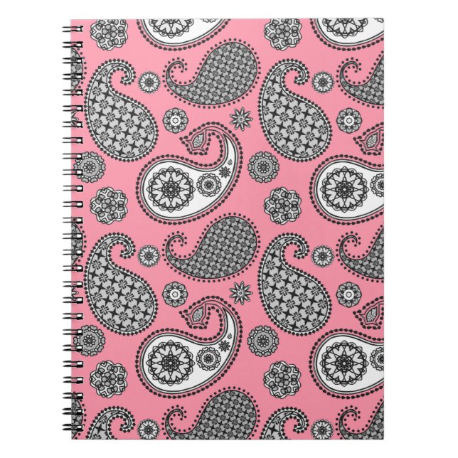 Cuaderno Dibujo de paisley, tonos de gris sobre rosa (Frente)
