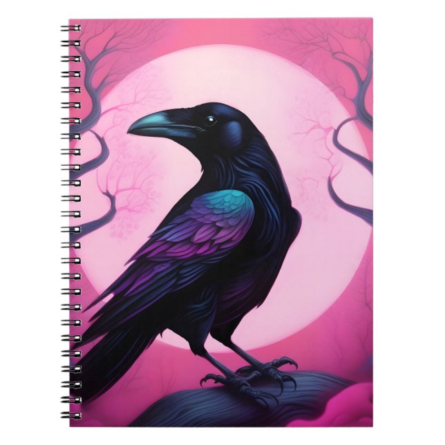 Cuaderno Dibujo de un cuervo sobre fondo rosado neón (Frente)
