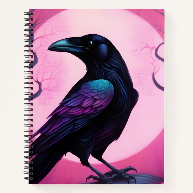 Cuaderno Dibujo de un cuervo sobre fondo rosado neón (Anverso)