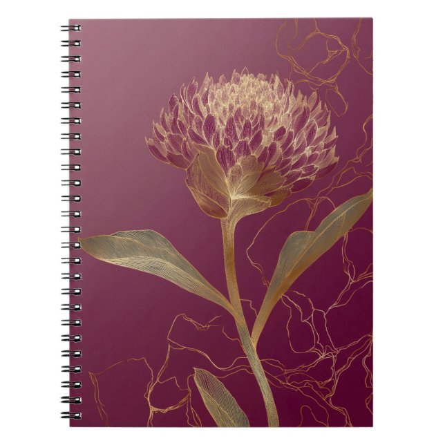 Cuaderno Dibujo floral botánico de oro rojo intenso (Frente)