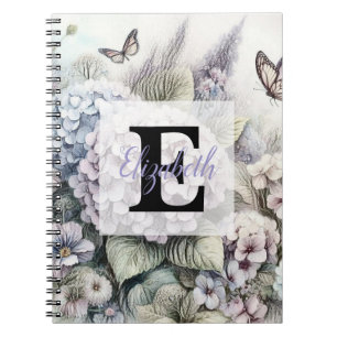 Cuaderno Dibujo floral de monograma de hortensias rosa púrp
