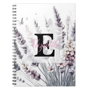 Cuaderno Dibujo floral de monograma rosa flor de cerezo 